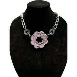 NEW ART BY AMY LABBE printed flower necklace in silver/purple